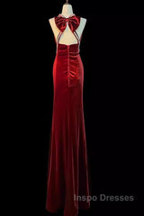 Mermaid Halter Burgundy Long Velvet Evening Prom Dress