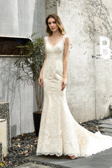 Mermaid Ivory V neck Lace Wedding Dresses with Ruffless Train