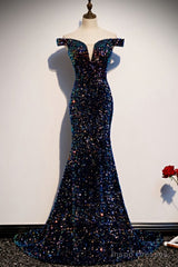 mermaid navy blue sequins evening dress with off the shoulder top prom dress formal dress
