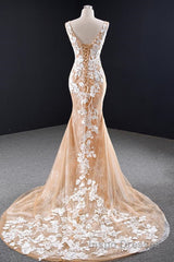 Mermaid Open Back Champagne Lace Long Evening Prom Dress, Champagne Lace Formal Dress, Champagne Evening Dress