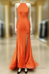 Mermaid Orange Evening Prom Dress Halter Neck Split