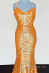Mermaid Orange Sequin V Neck Dress