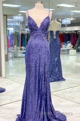 Mermaid Purple Sequins Long Evening Prom Dress with Slit,Navy Blue Evening Prom Party Gowns