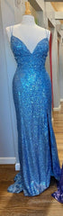 Mermaid Purple Sequins Long Evening Prom Dress with Slit,Navy Blue Evening Prom Party Gowns