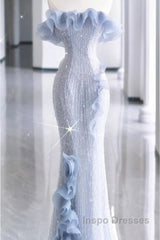 Mermaid Strapless Blue Sequin Evening Prom Dress Evening Dress