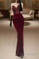 Mermaid Strapless Burgundy Long Lace Evening Prom Dress