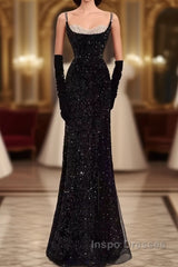 Mermaid Straps Sequin Black Backless Long Evening Prom Dress