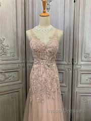 Mermaid / Trumpet Evening Prom Dress Maxi Dress Party Wear Sweep / Brush Train Sleeveless V Neck Tulle With Appliques