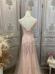 Mermaid / Trumpet Evening Prom Dress Maxi Dress Party Wear Sweep / Brush Train Sleeveless V Neck Tulle With Appliques