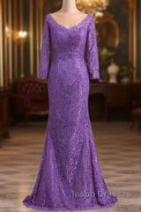 Mermaid V Neck 3/4 Length Sleeve Lace Floor Length Mother Of The Bride Dress
