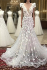 Mermaid V Neck Hand Made Flowers Tulle Wedding Dress