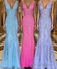 Mermaid V Neck Open Back Lace Long Evening Prom Dress, Mermaid Formal Evening Dress