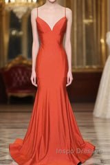 Mermaid V Neck Orange Evening Prom Dress Spaghetti Straps