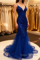Mermaid V Neck Royal Blue Beade Applique Tulle Long Evening Prom Dress, Evening Dress