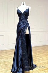 Mermaid V Neck Satin Lace Burgundy Long Evening Prom Dress, Burgundy Long Formal Dress