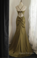 Mermaid V-Neck Satin Long Evening Prom Dress Elegant Spaghetti Strap Formal Dress