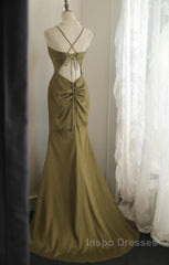 Mermaid V-Neck Satin Long Evening Prom Dress Elegant Spaghetti Strap Formal Dress