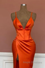 Mermaid V-Neck Spaghetti Straps Satin Dress With Slit
