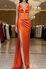 Mermaid V-Neck Spaghetti Straps Satin Dress With Slit