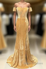 Mermaid Velvet Bridesmaid Dress Off Shoulder Gold Wedding Formal Dress