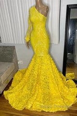 Mermaid Yellow One Shoulder  Long Sleeve Evening Prom Dress