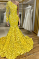 Mermaid Yellow One Shoulder  Long Sleeve Evening Prom Dress
