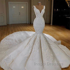 Modern Mermaid Lace Wedding Dress Online Straps Luxurious Bridal Gowns with Long Train