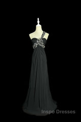 Modest A Line One Shoulder Gray Chiffon Long Evening Prom Dress Party Dress