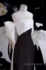 Modest A Line Strapless Long Sleeveless Satin Black Evening Prom Dress