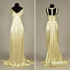 Modest A Line V Neckline Yellow Satin Beads Long Party Dress Evening Prom Dress