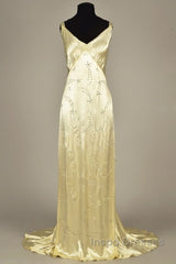 Modest A Line V Neckline Yellow Satin Beads Long Party Dress Evening Prom Dress