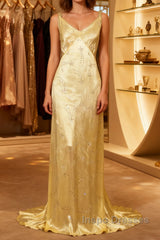Modest A Line V Neckline Yellow Satin Beads Long Party Dress Evening Prom Dress