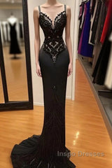 Modest Black Spaghetti Strap Mermaid Satin Evening Prom Dress Long Evening Prom Dress
