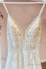 Modest Long A-line V-neck Spaghetti Straps Tulle Wedding Dress with Appliques Lace