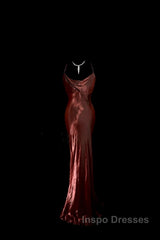 Modest Mermaid Spaghetti Straps Burgundy Evening Prom Dress Ruffle Long Party Dress