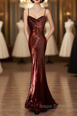 Modest Mermaid Spaghetti Straps Burgundy Evening Prom Dress Ruffle Long Party Dress