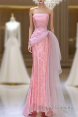 Modest Mermaid Strapless Pink Tulle Ruffles Long Party Dress Evening Prom Dress
