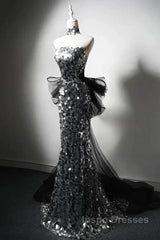 Modest Silver Mermaid Strapless Sequin Tulle  Long Evening Prom Dress Formal Evening Dress