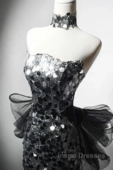 Modest Silver Mermaid Strapless Sequin Tulle  Long Evening Prom Dress Formal Evening Dress