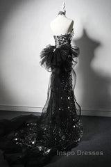 Modest Silver Mermaid Strapless Sequin Tulle  Long Evening Prom Dress Formal Evening Dress