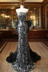Modest Silver Mermaid Strapless Sequin Tulle  Long Evening Prom Dress Formal Evening Dress