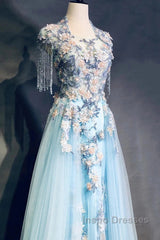 Modest Sky Blue A-Line Tulle Beading Embroidery Appliques Long Evening Prom Dress Pageant Gown