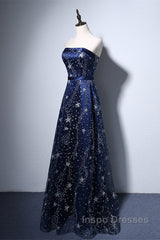 Navy Blue A-Line Tulle Long Evening Dress, Navy Blue Evening Prom Dress