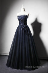 Navy Blue A-Line Tulle With Lace Scoop Long Evening Prom Dress, Navy Blue Evening Dress