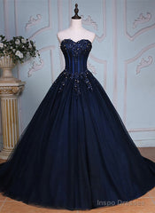 Navy Blue Lace Applique Tulle Long Party Dress, Blue Formal Gown