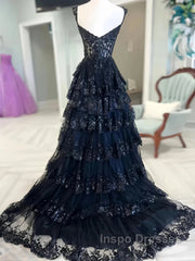 Navy Blue Lace Layered A Line  Evening Prom Dress