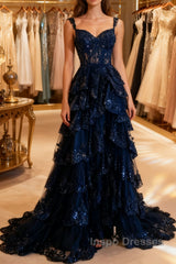 Navy Blue Lace Layered A Line  Evening Prom Dress