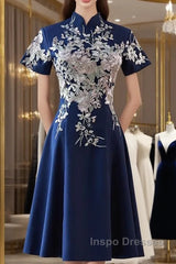 Navy Blue Short Sleeves Party Dress With Lace Applique, Short Cute Blue Wedding Party Dress
