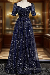 Navy Blue Simple Tulle Short Sleeves Evening Prom Dress, Navy Blue Long Evening Dress