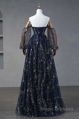 Navy Blue Tulle A-Line Long Party Dress Evening Dress, Navy Blue Long Evening Prom Dress